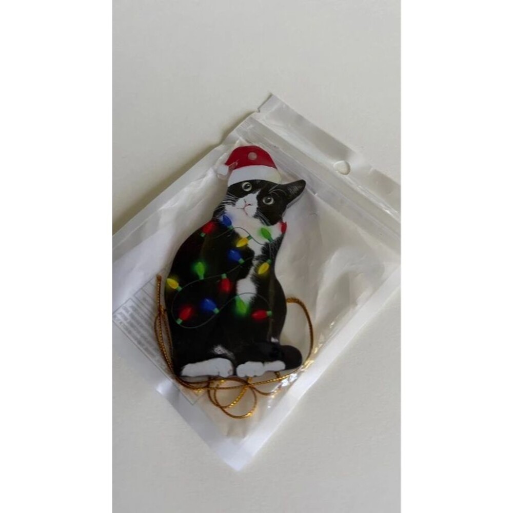 Black Cat Christmas Ornament Santa Hat Christmas Lights Tuxedo Cat Holiday Decor